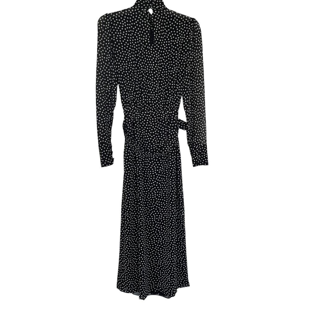 ZARA Black White Polka Dot Mock Neck Belted Midi Dress Long Sleeve - Picture 7 of 10